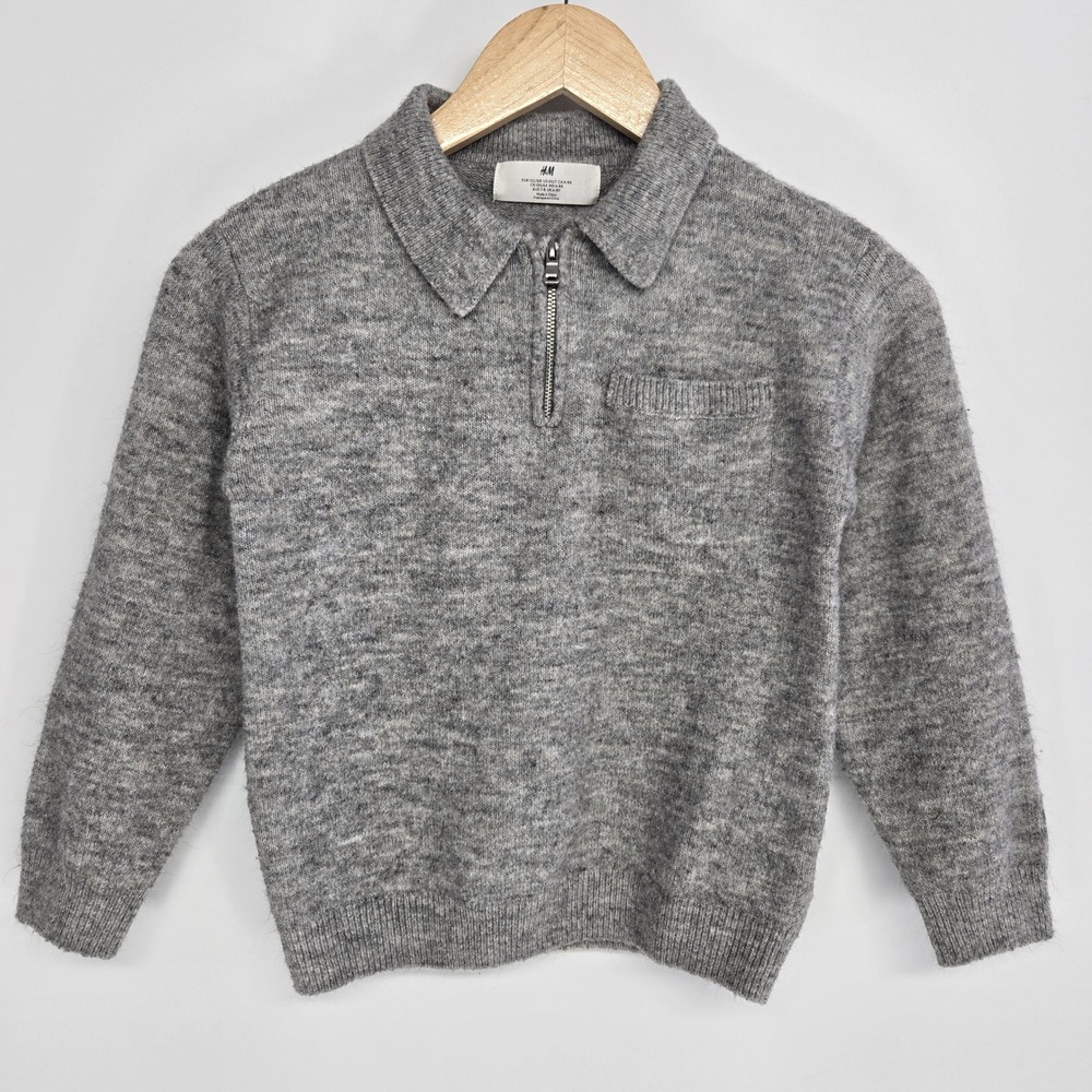 H&M Quarter Zip Sweater Kids Size 6X/7 Gray Wool Blend Polo Collar Pullover Knit